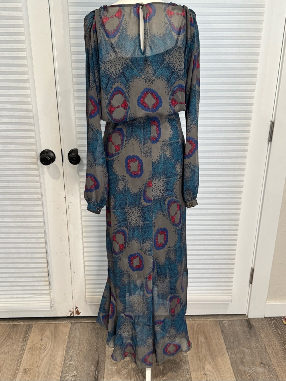 Twelfth Street Sheer Wrap Maxi Dress in Teal and Gray CB880 - Picture 3 of 8